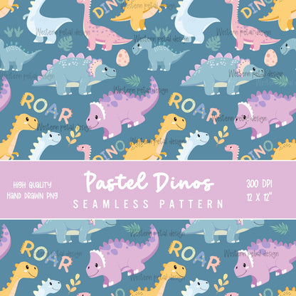 Pastel Dinosaur Seamless Pattern PNG, Cute Dino Digital Paper, Kids Nursery Pattern, Baby Dino Fabric Design, 12x12 Sublimation Download