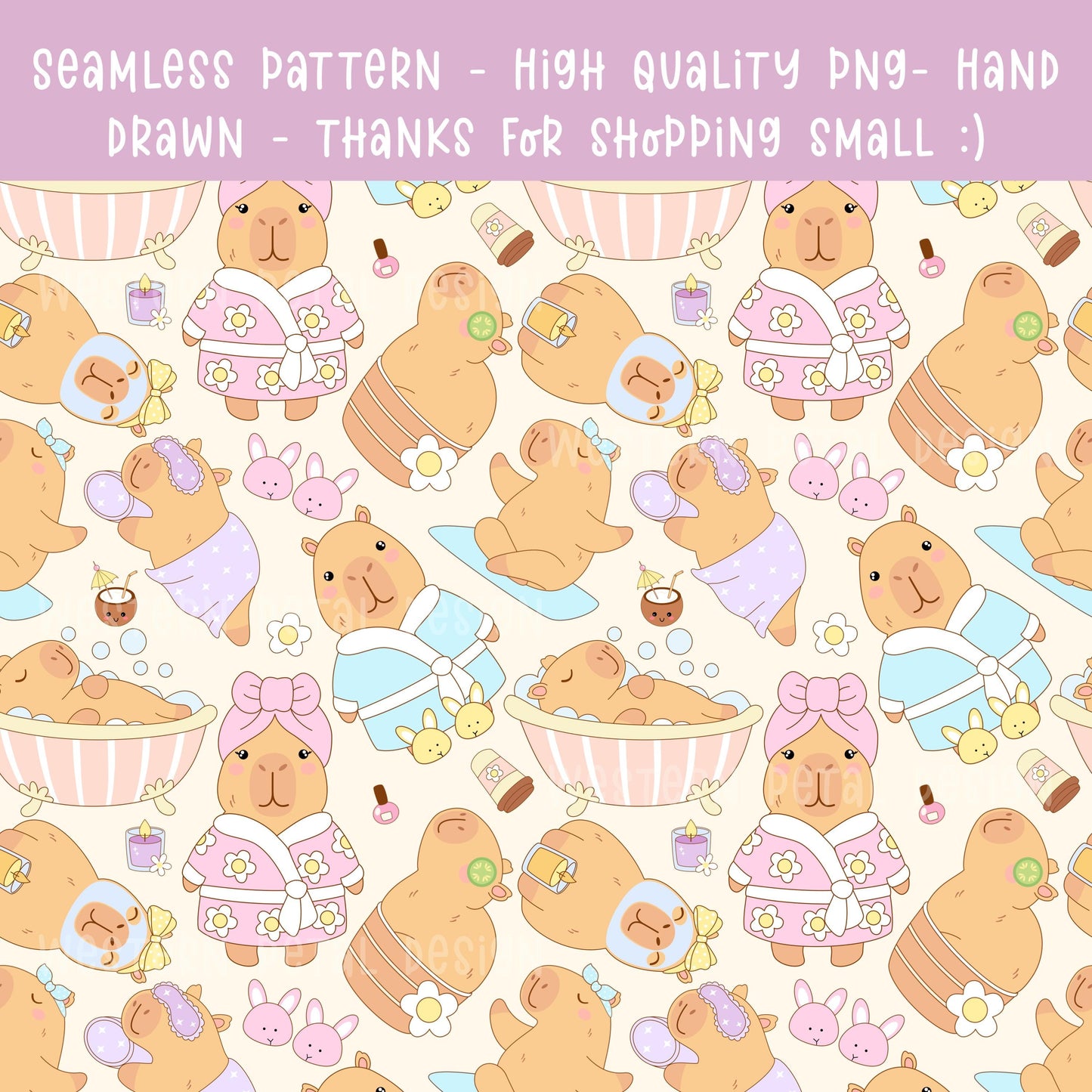 Capybara Spa Day Seamless Pattern | Nursery Decor PNG (12x12 300 DPI)