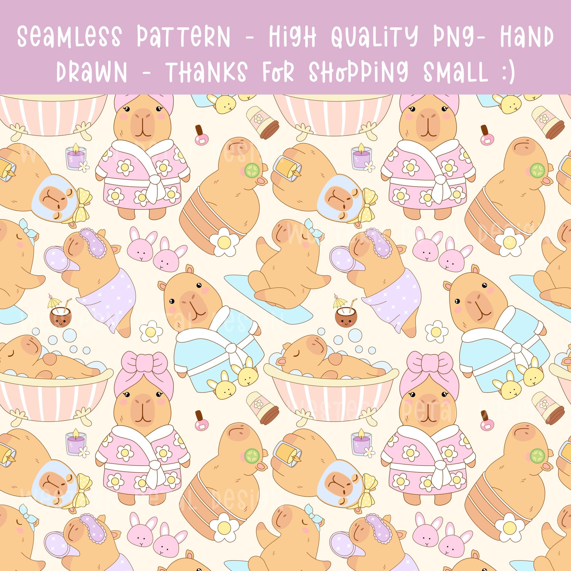 Capybara Spa Day Seamless Pattern | Nursery Decor PNG (12x12 300 DPI)