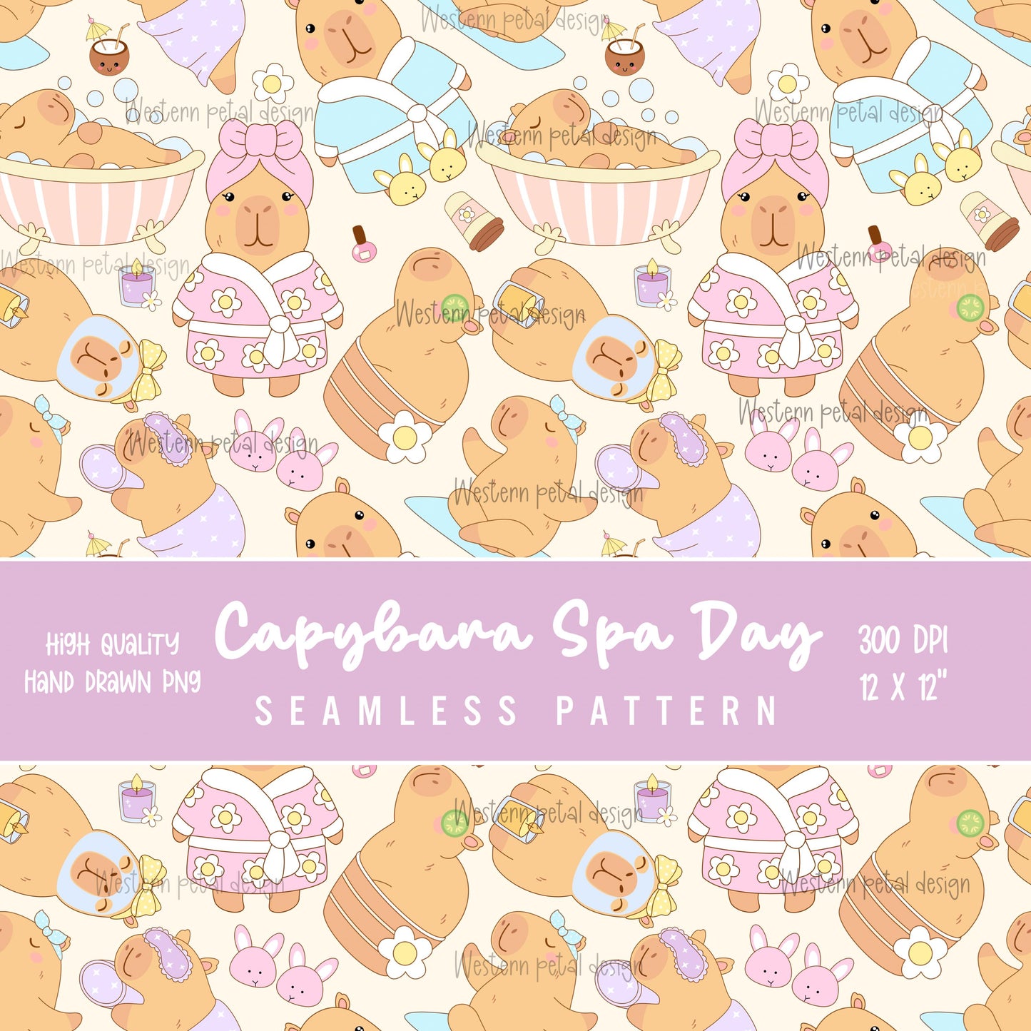 Capybara Spa Day Seamless Pattern | Nursery Decor PNG (12x12 300 DPI)