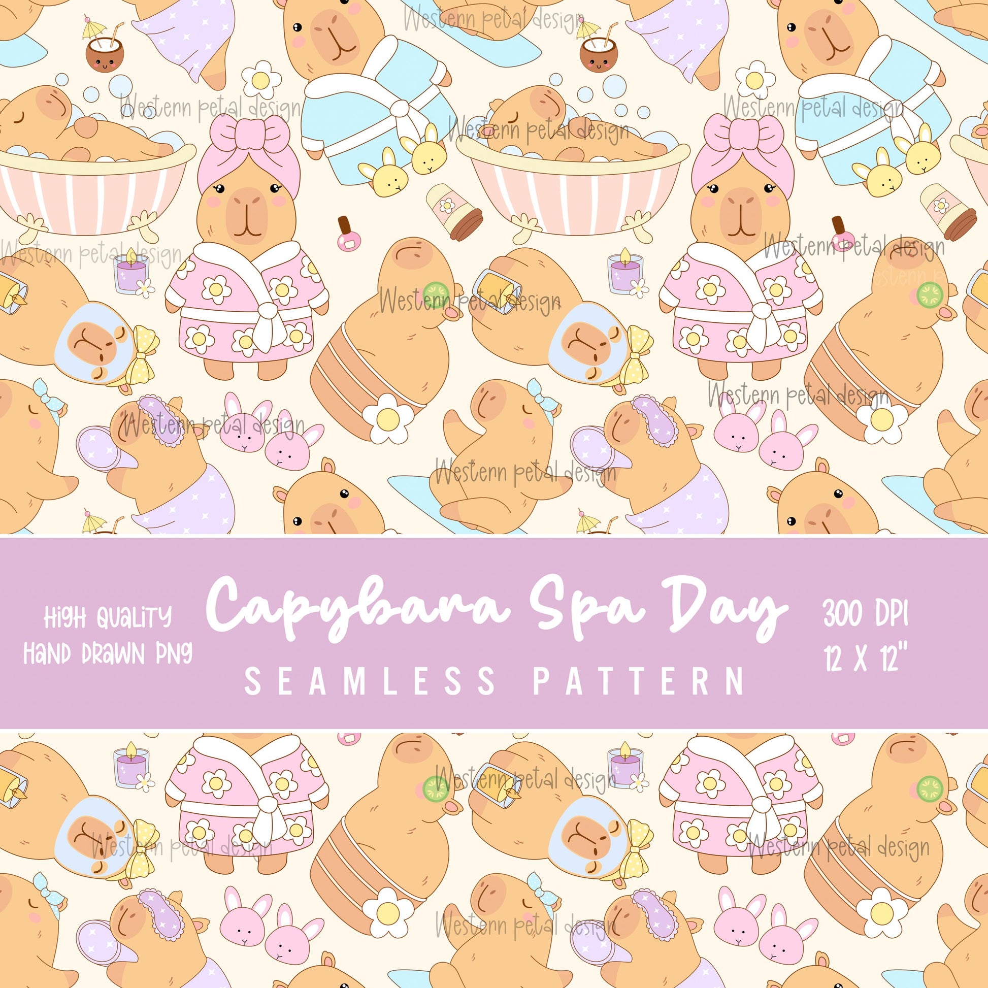 Capybara Spa Day Seamless Pattern | Nursery Decor PNG (12x12 300 DPI)
