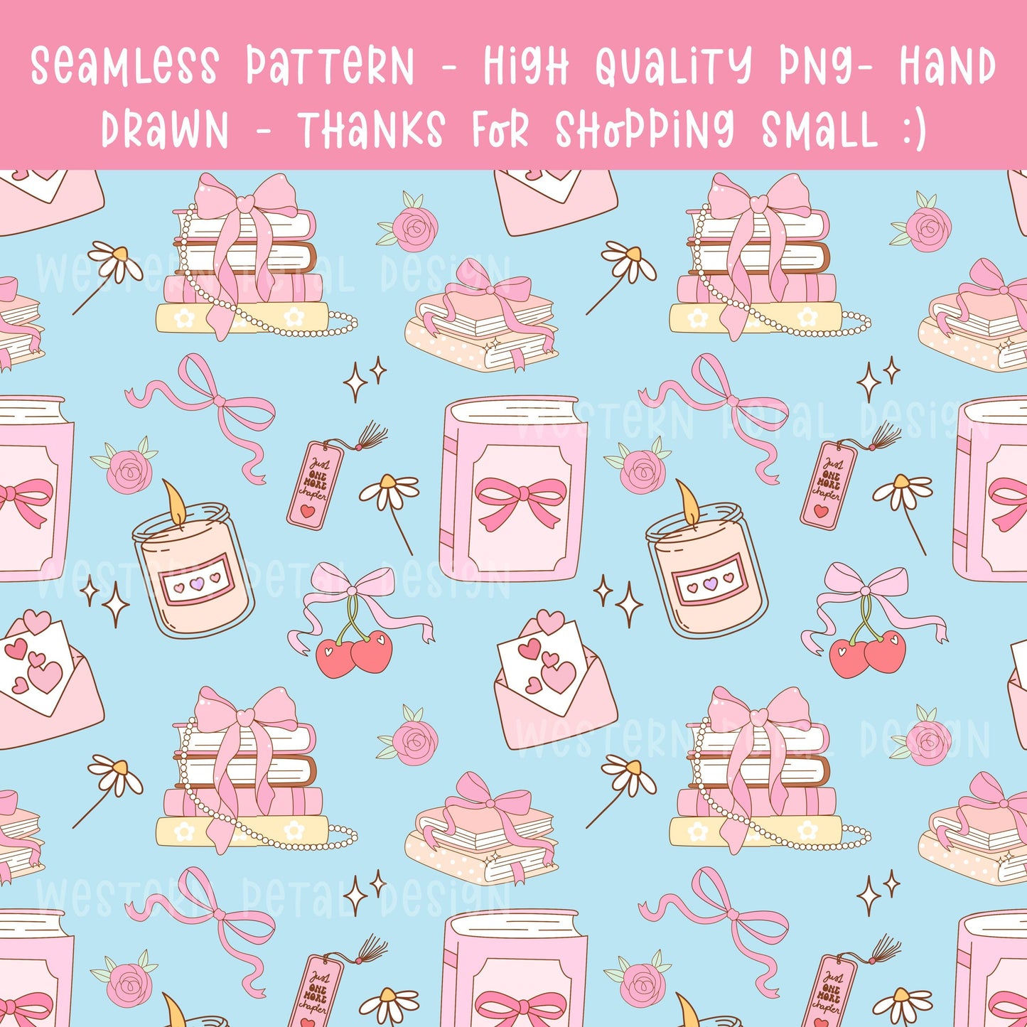 Coquette Book Seamless Pattern | Pink Bows, Florals PNG (Digital Download 12x12 300 DPI File)