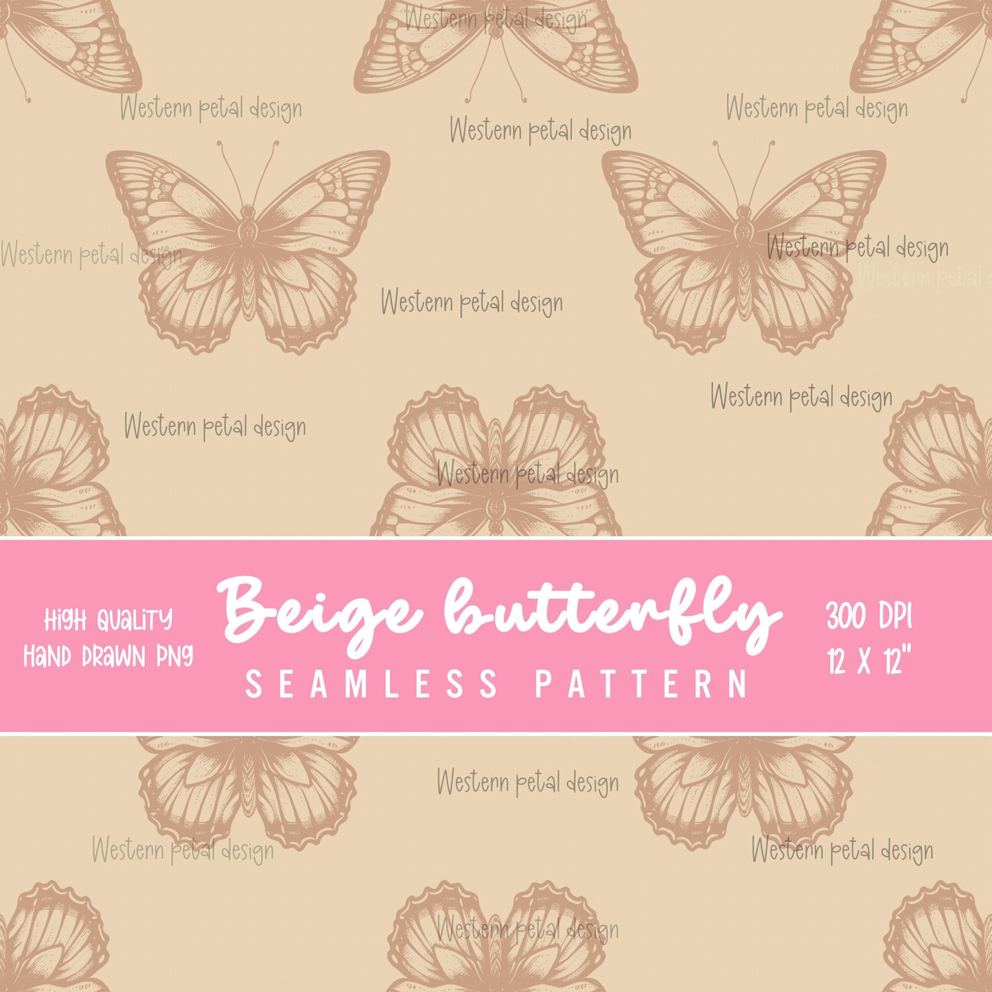Beige Butterfly Seamless Pattern | Boho Vintage Insect (Digital Download)