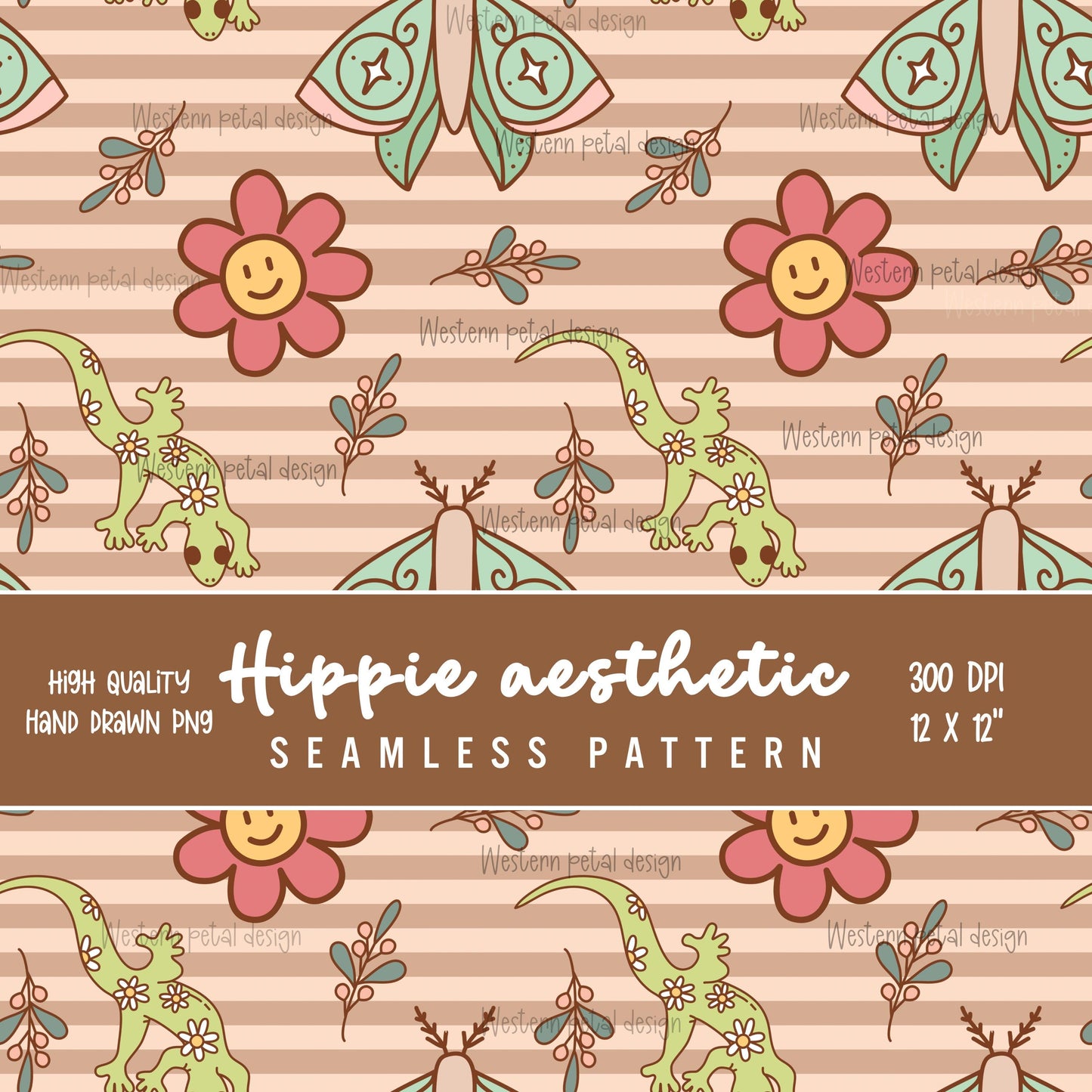 Hippie Lizard Seamless Pattern | Retro Floral Kids Digital Paper (PNG Download)