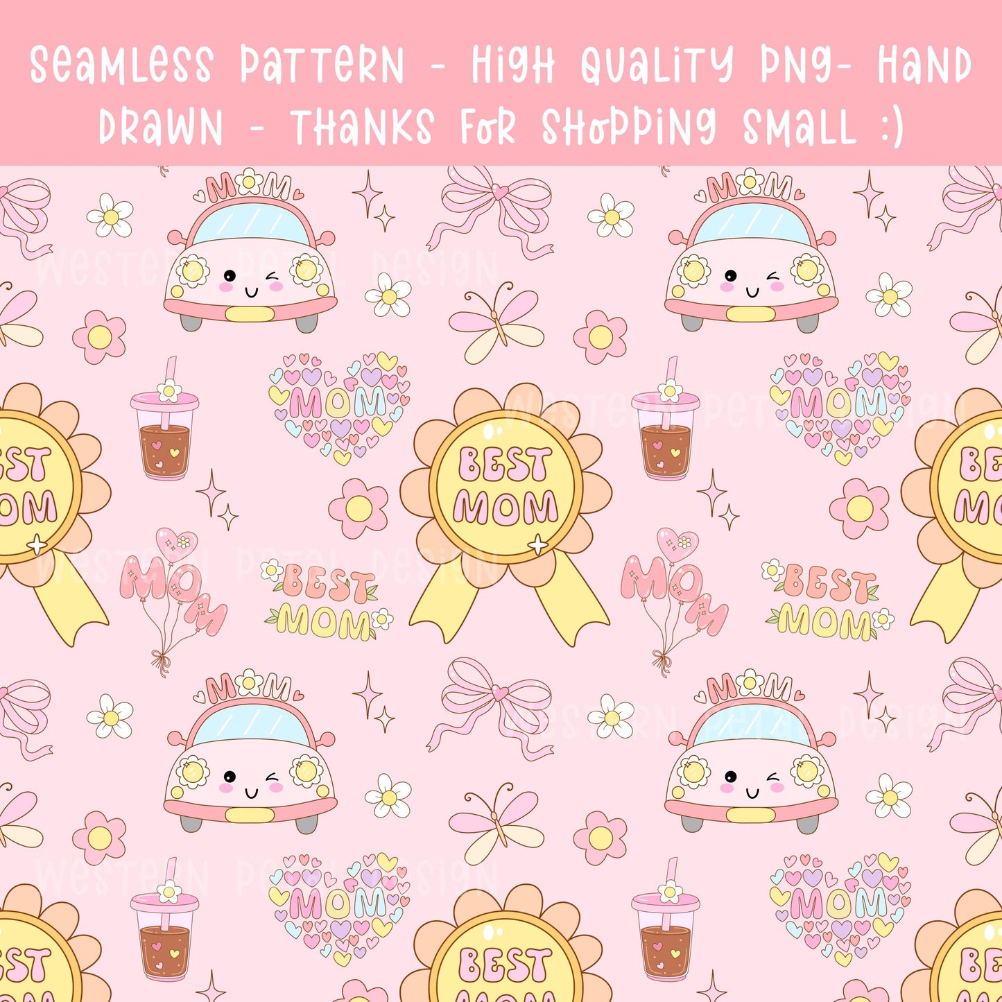 Best Mom Seamless Pattern PNG | Cute Mother’s Day Digital Paper | Kawaii Design | 12x12 300 DPI Seamless File | Commercial Use