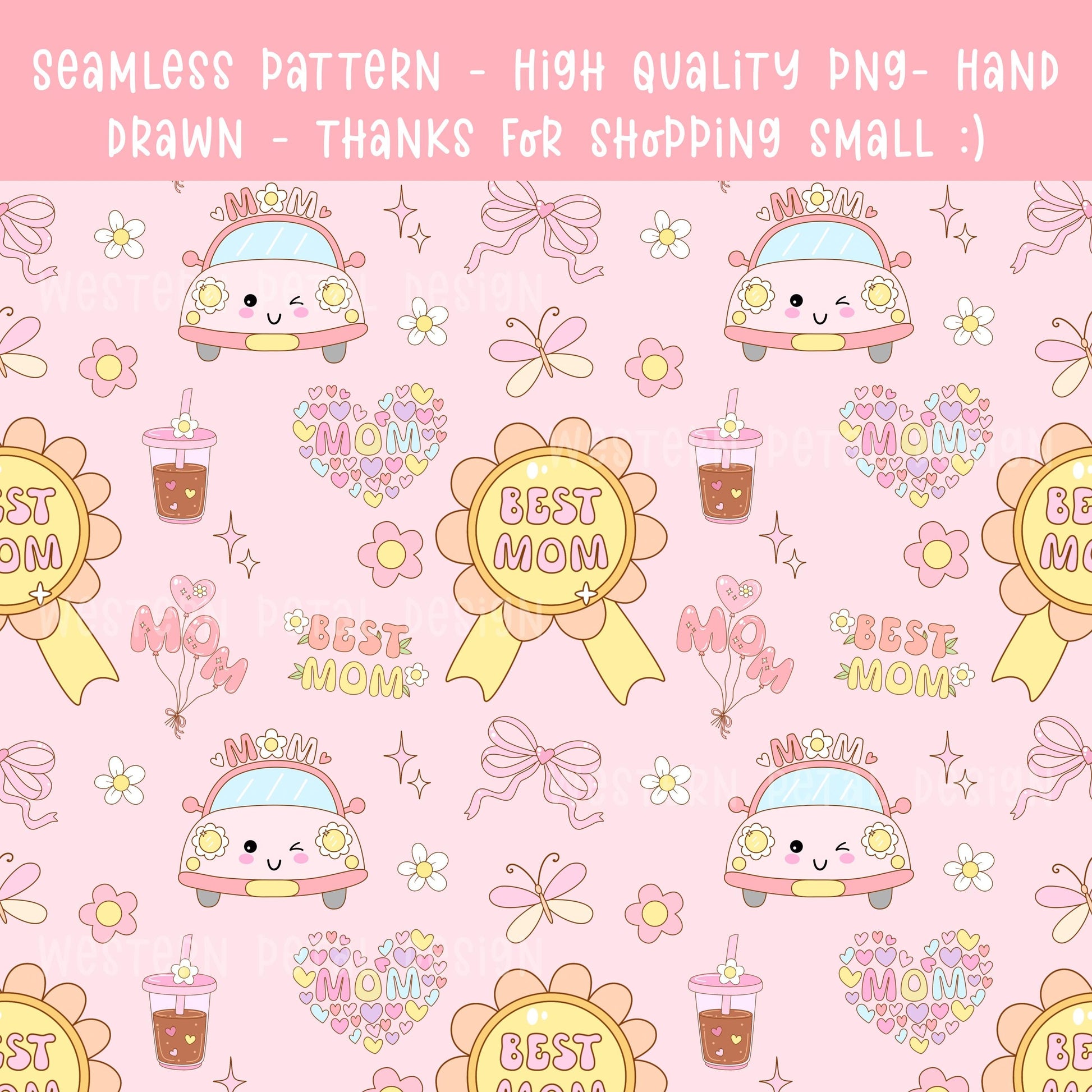 Best Mom Seamless Pattern PNG | Cute Mother’s Day Digital Paper | Kawaii Design | 12x12 300 DPI Seamless File | Commercial Use