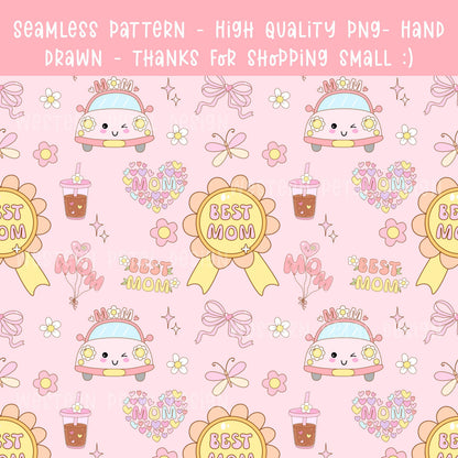 Best Mom Seamless Pattern PNG | Cute Mother’s Day Digital Paper | Kawaii Design | 12x12 300 DPI Seamless File | Commercial Use