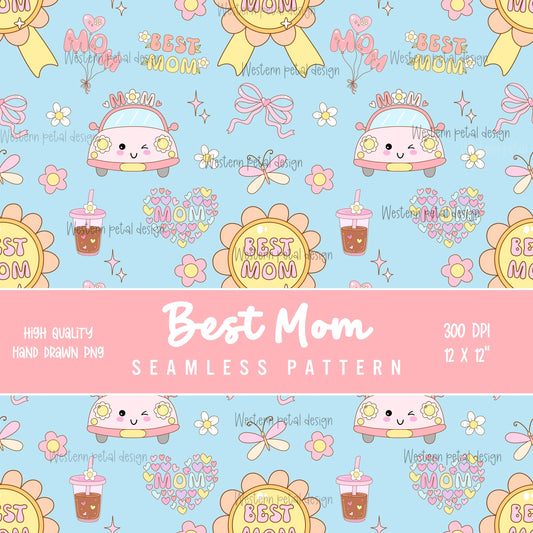 Best Mom Seamless Pattern PNG | Cute Mother’s Day Digital Paper | Kawaii Mom Design | 12x12 300 DPI Seamless File | Commercial Use