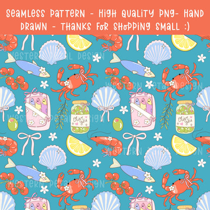 Italian Summer Seamless Pattern PNG, Coastal Food Digital Paper, Lemon Seafood Pattern, Amalfi Coast Dolce Vita Design, 12x12 Sublimation