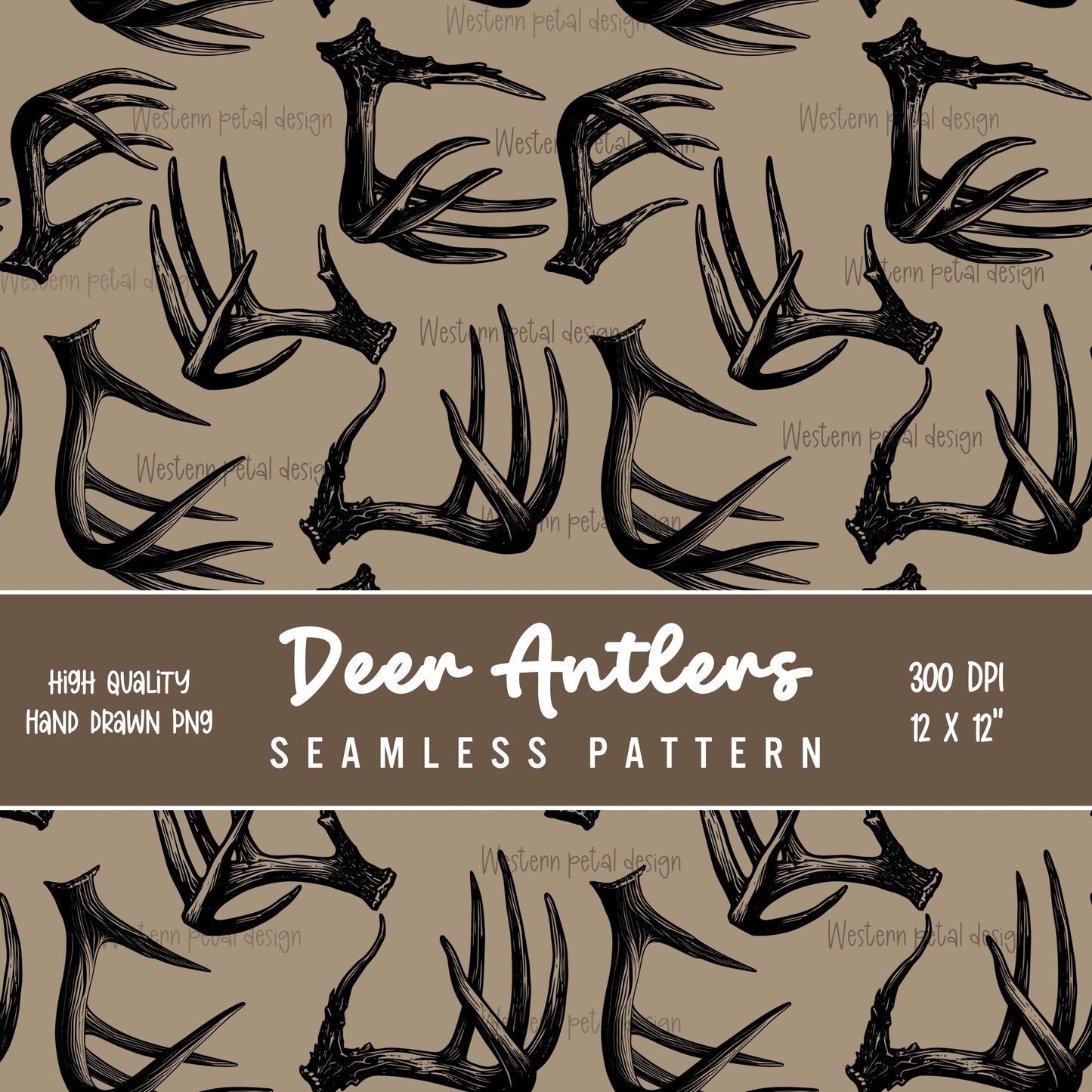Deer Antler Seamless Pattern PNG, Hunting Digital Paper, Rustic Woodland Pattern, Camo Antler Design, 12x12 Sublimation Download