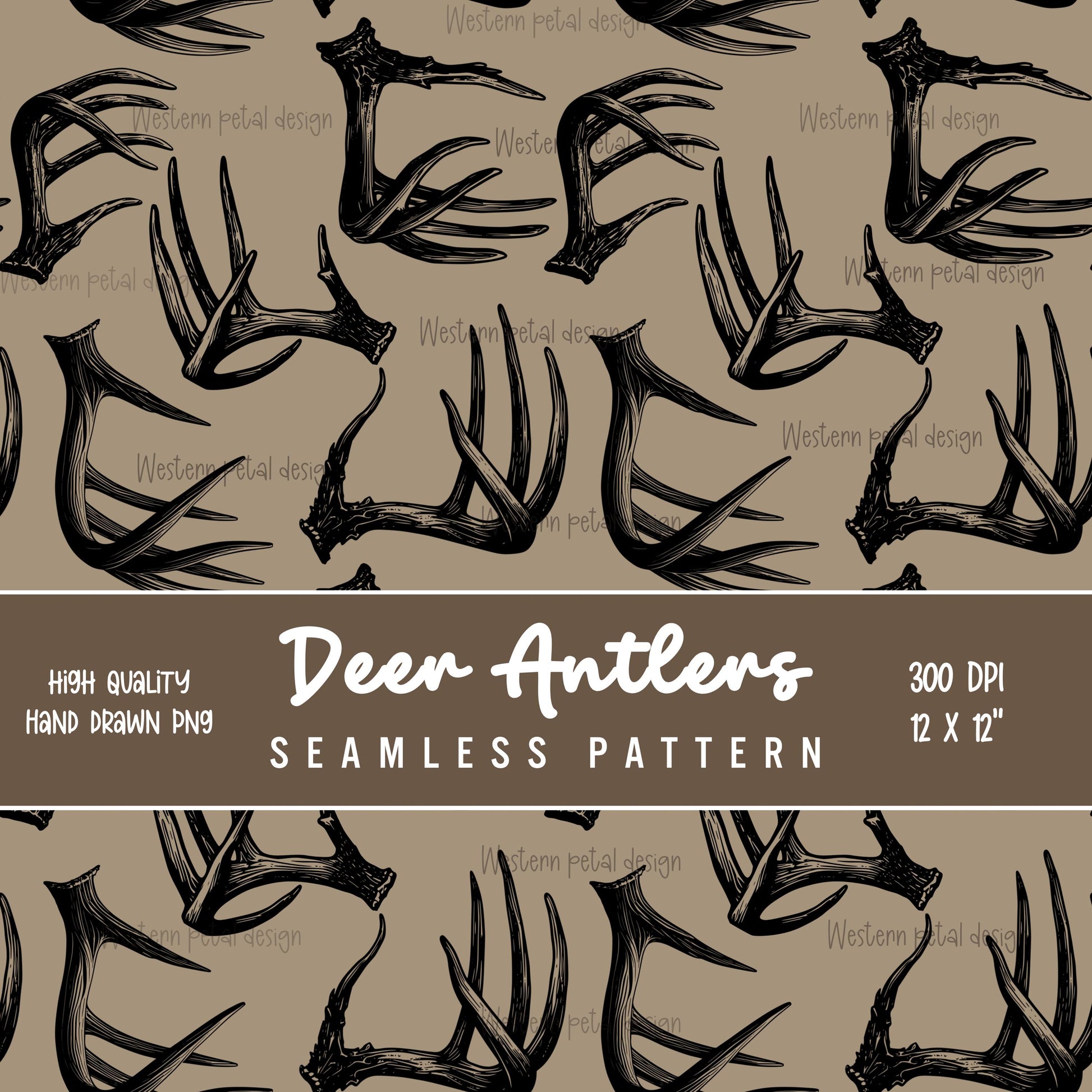 Deer Antler Seamless Pattern PNG, Hunting Digital Paper, Rustic Woodland Pattern, Camo Antler Design, 12x12 Sublimation Download
