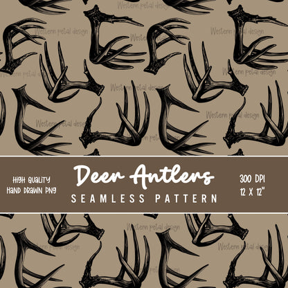 Deer Antler Seamless Pattern PNG, Hunting Digital Paper, Rustic Woodland Pattern, Camo Antler Design, 12x12 Sublimation Download