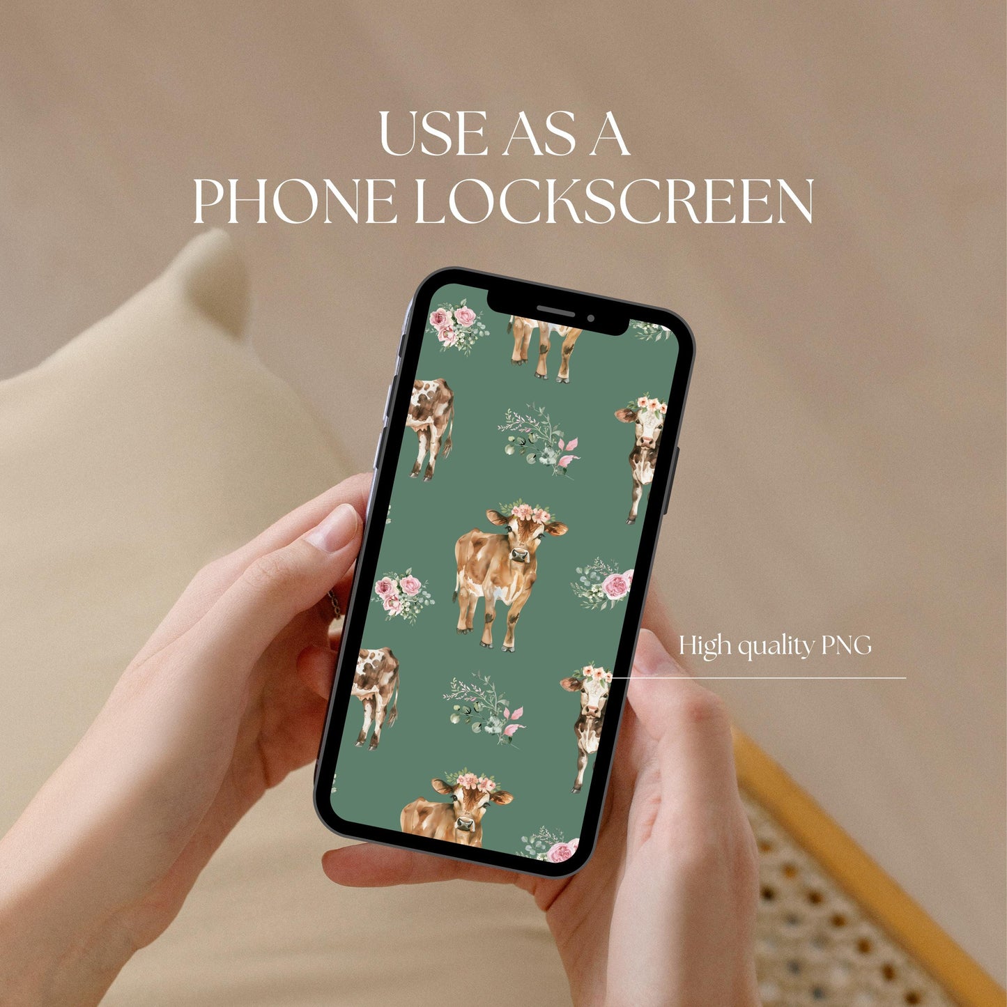 Floral Cow Seamless Pattern | Hand-Drawn Western Farm PNG (12x12, 300 DPI)
