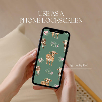 Floral Cow Seamless Pattern | Hand-Drawn Western Farm PNG (12x12, 300 DPI)