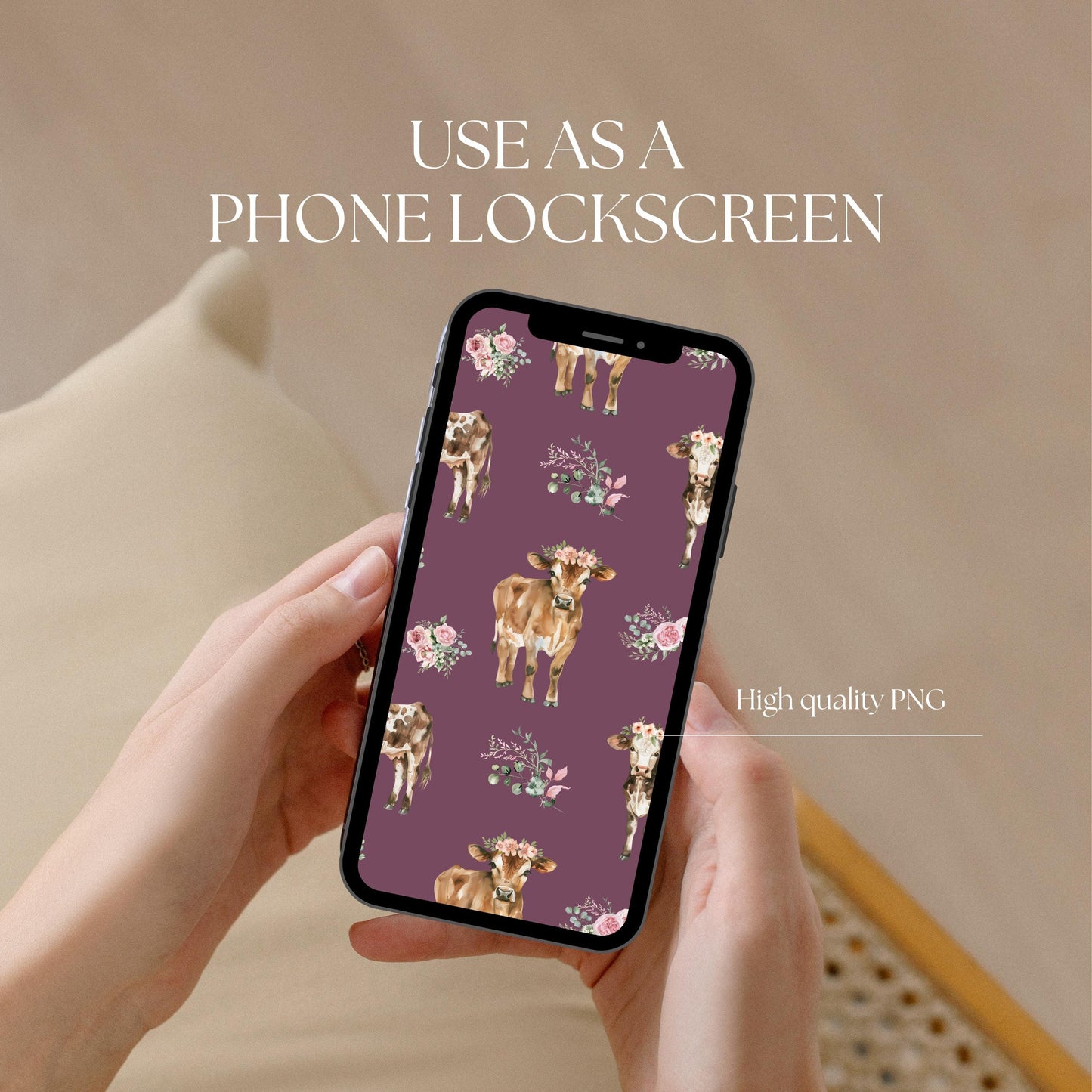 Floral Cow Seamless Pattern | Hand-Drawn Western Farm (PNG)