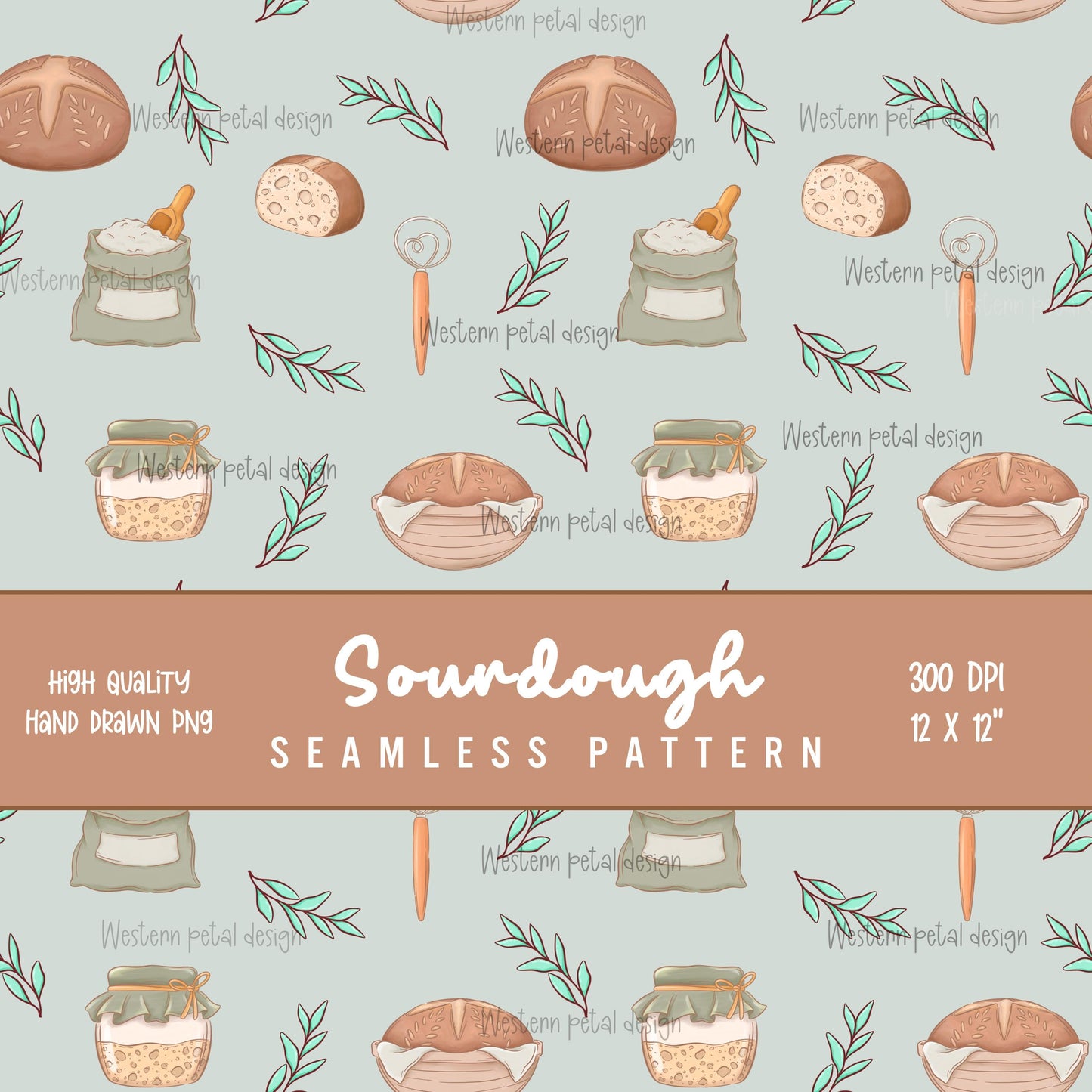Sourdough Bread Seamless Pattern | Bakery Digital Paper (12x12 PNG)