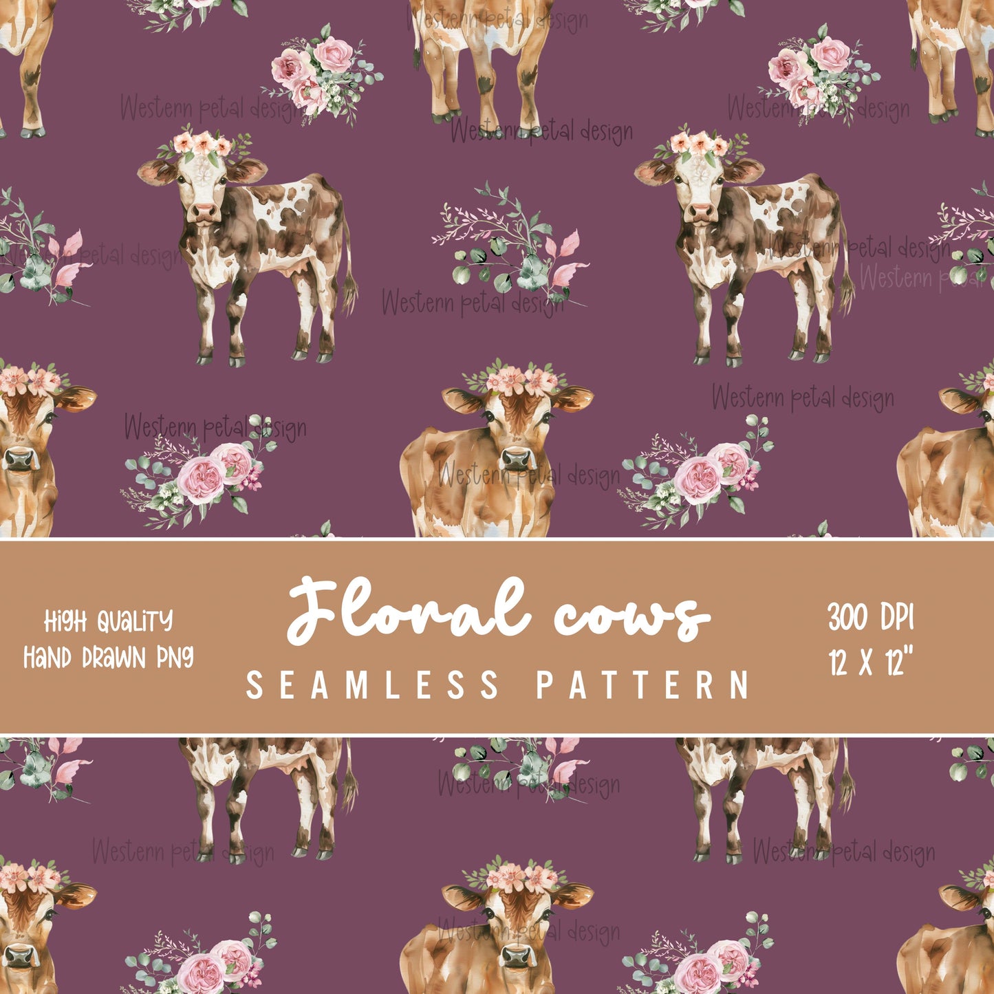 Floral Cow Seamless Pattern | Hand-Drawn Western Farm (PNG)