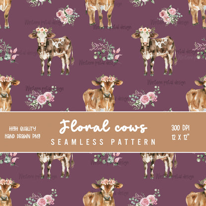 Floral Cow Seamless Pattern | Hand-Drawn Western Farm (PNG)