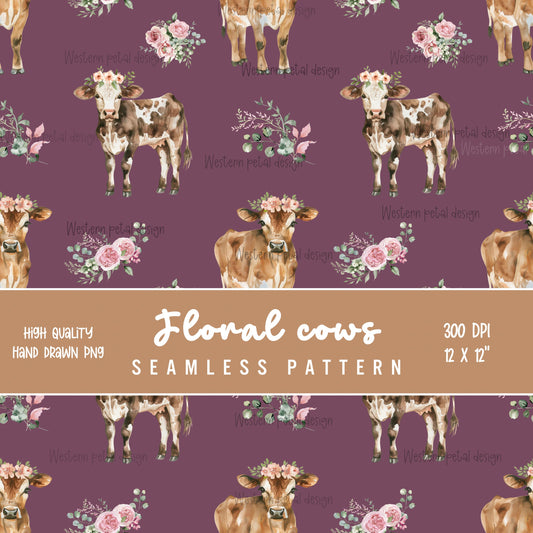 Floral Cow Seamless Pattern | Hand-Drawn Western Farm (PNG)