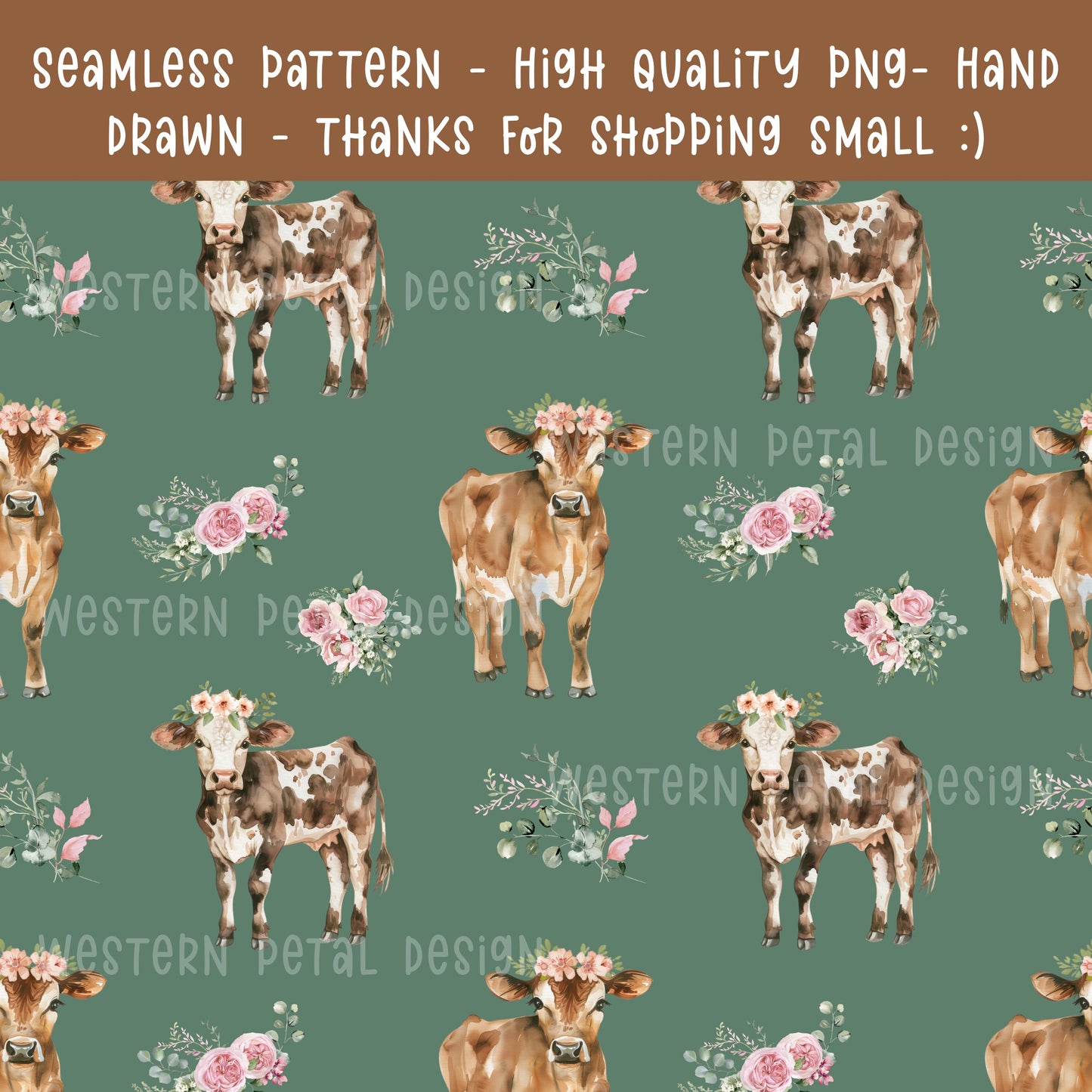Floral Cow Seamless Pattern | Hand-Drawn Western Farm PNG (12x12, 300 DPI)