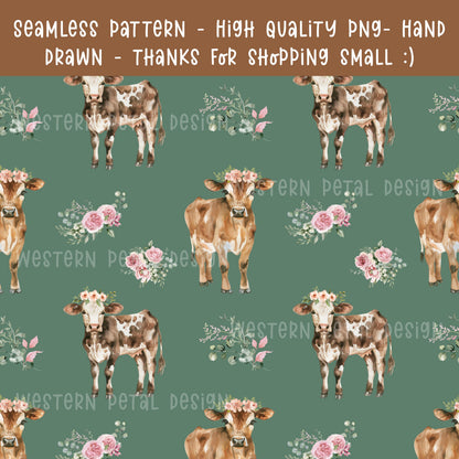 Floral Cow Seamless Pattern | Hand-Drawn Western Farm PNG (12x12, 300 DPI)