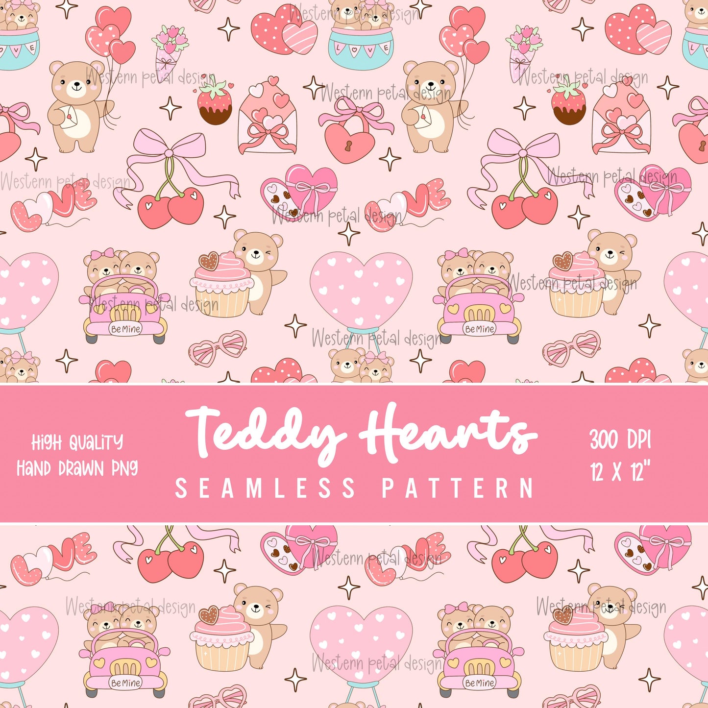 Teddy Bear Hearts Seamless Pattern, Valentine's Day, Pink Vday PNG (300 DPI)