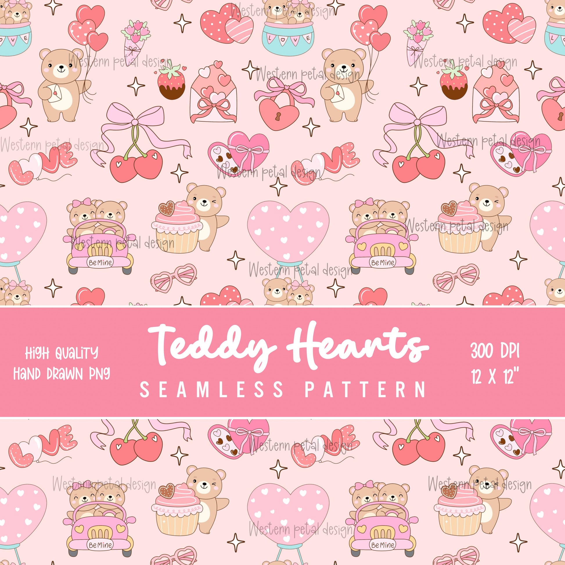 Teddy Bear Hearts Seamless Pattern, Valentine's Day, Pink Vday PNG (300 DPI)
