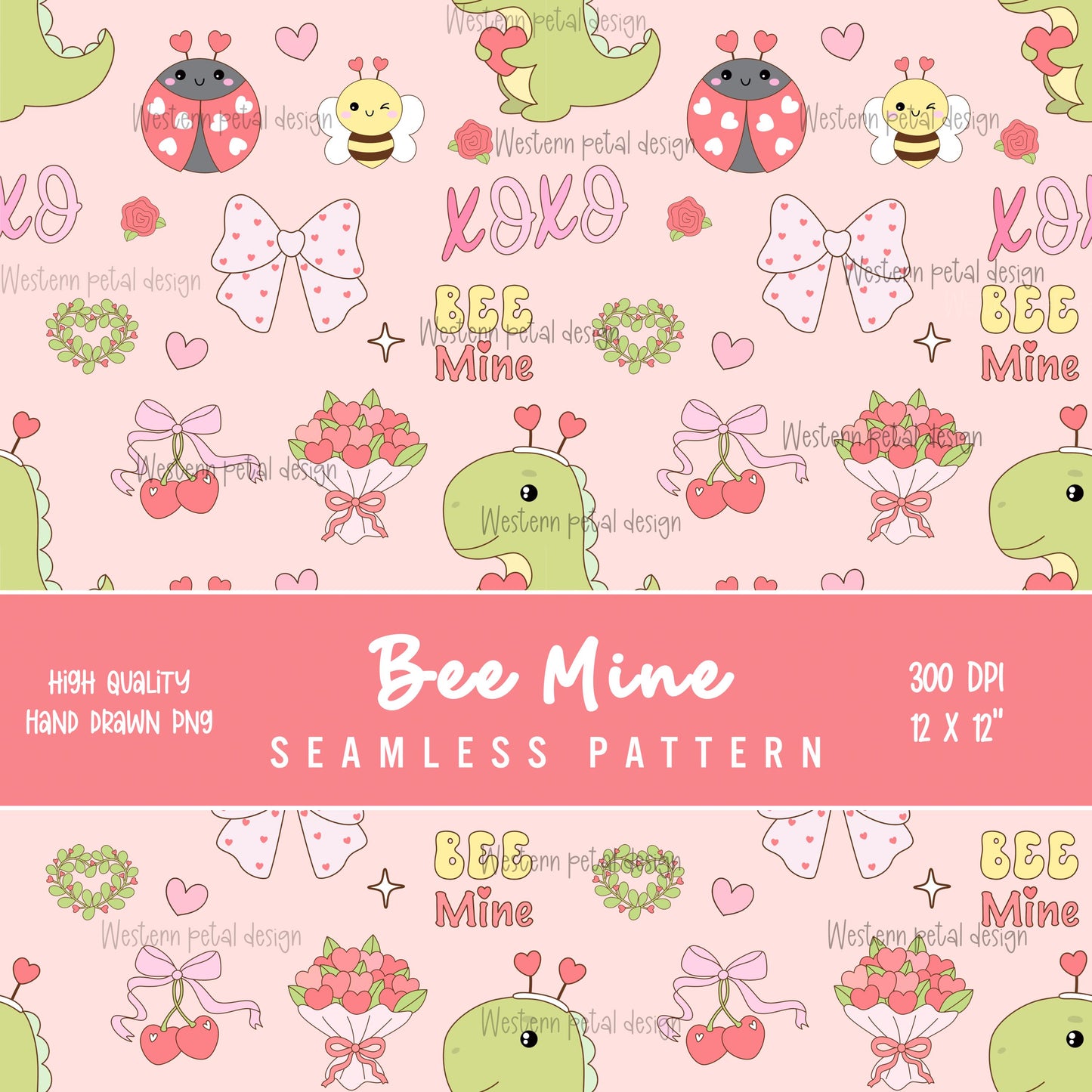 Bee Mine Valentine Seamless Pattern | Hand-Drawn PNG (12x12, 300 DPI)