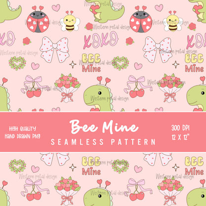 Bee Mine Valentine Seamless Pattern | Hand-Drawn PNG (12x12, 300 DPI)