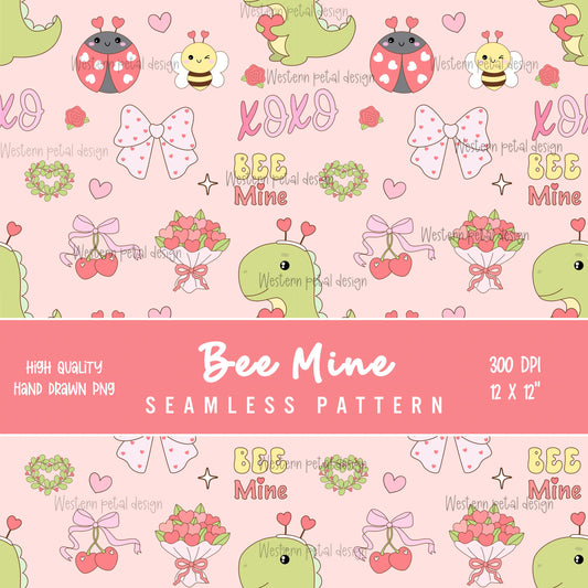 Bee Mine Valentine Seamless Pattern | Hand-Drawn PNG (12x12, 300 DPI)