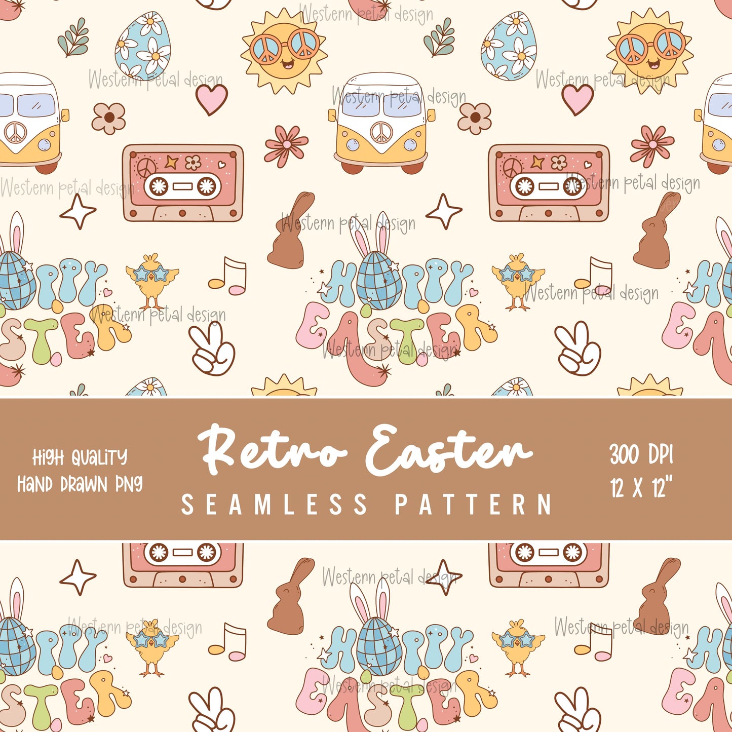 Retro Easter Seamless Pattern | Groovy Hippie Design (Digital Download)