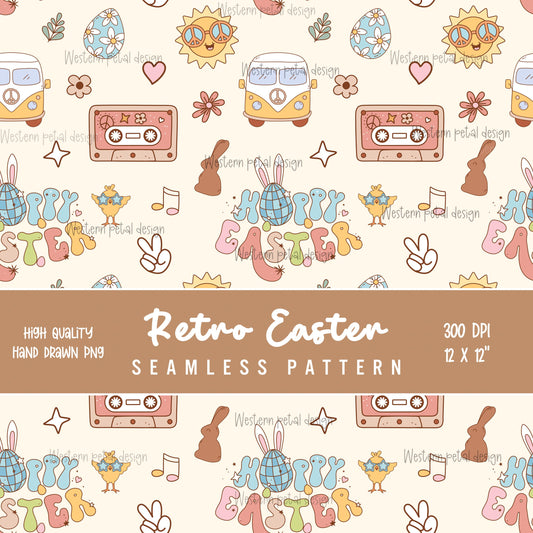Retro Easter Seamless Pattern | Groovy Hippie Design (Digital Download)