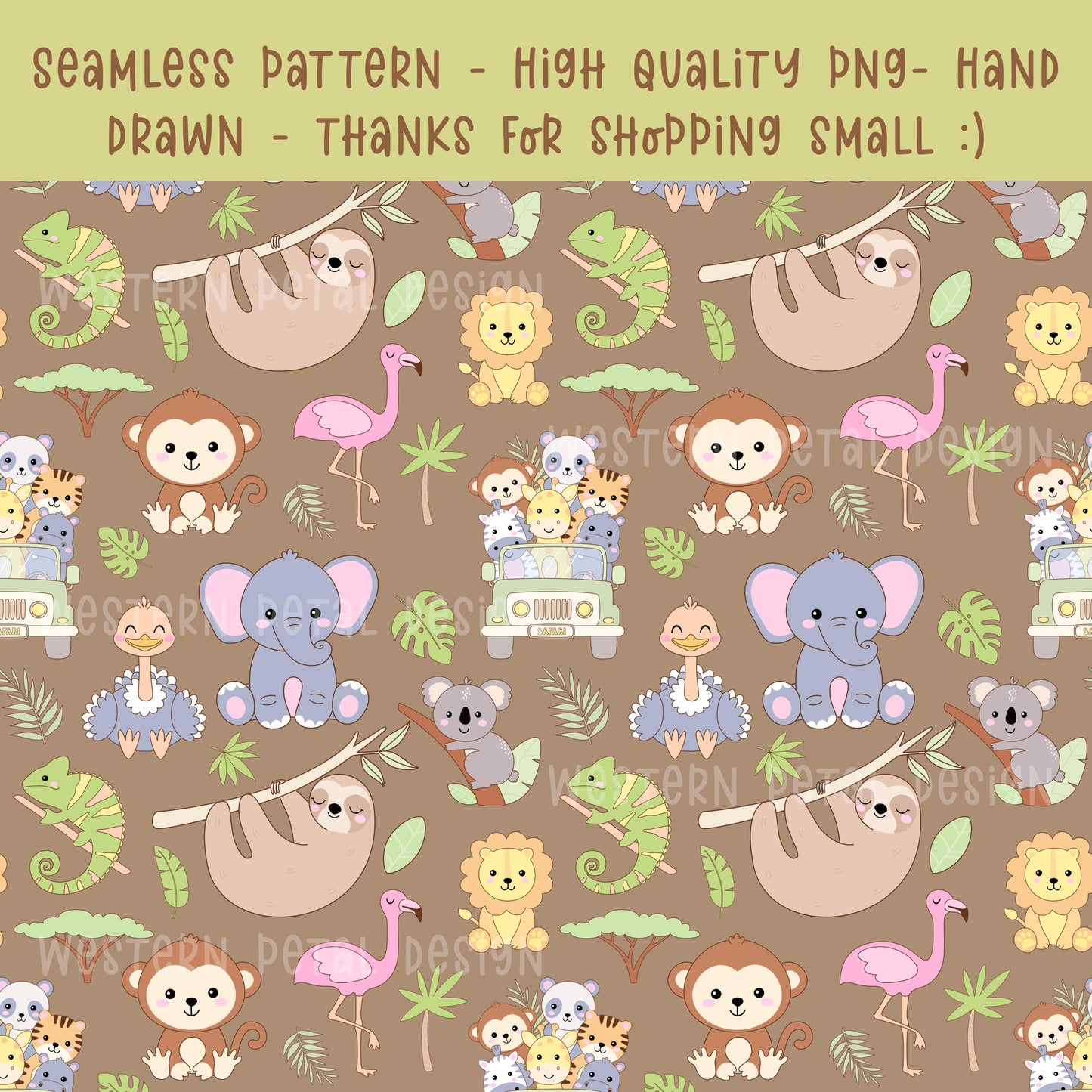Safari Animals Seamless Pattern | Nursery Fabric Wallpaper (12x12 PNG)