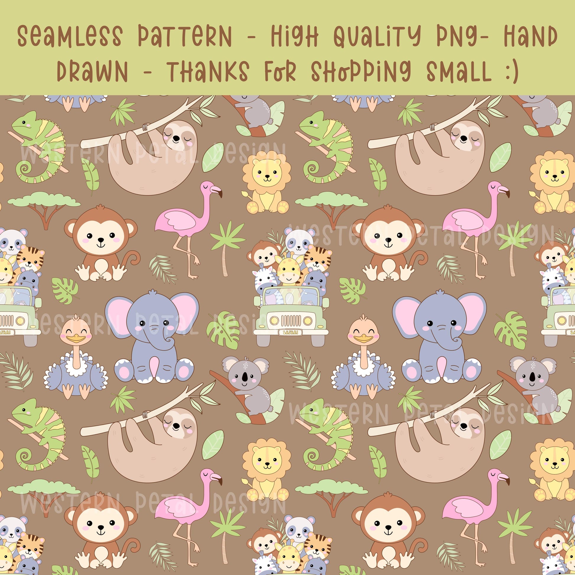 Safari Animals Seamless Pattern | Nursery Fabric Wallpaper (12x12 PNG)