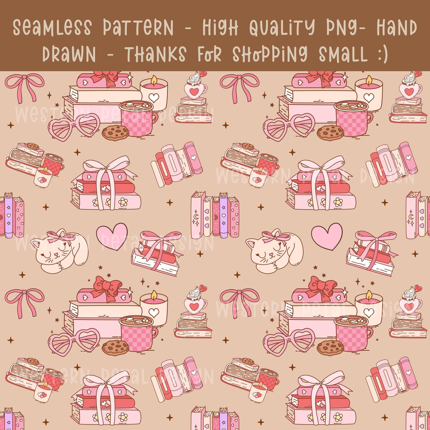 Bookish Seamless Pattern PNG, Coquette Pink Digital Paper, Cozy Reading Aesthetic, Books Coffee Cat Bows, Cute Scrapbook Background