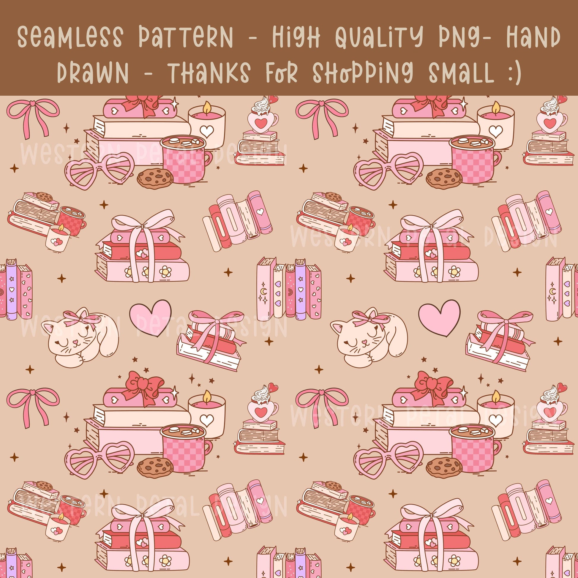 Bookish Seamless Pattern PNG, Coquette Pink Digital Paper, Cozy Reading Aesthetic, Books Coffee Cat Bows, Cute Scrapbook Background