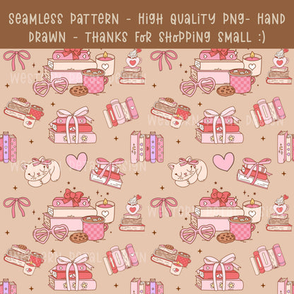 Bookish Seamless Pattern PNG, Coquette Pink Digital Paper, Cozy Reading Aesthetic, Books Coffee Cat Bows, Cute Scrapbook Background