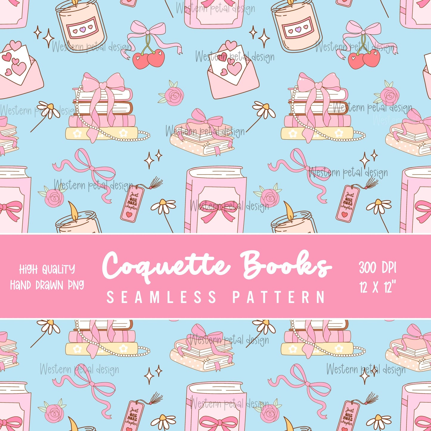 Coquette Book Seamless Pattern | Pink Bows, Florals PNG (Digital Download 12x12 300 DPI File)