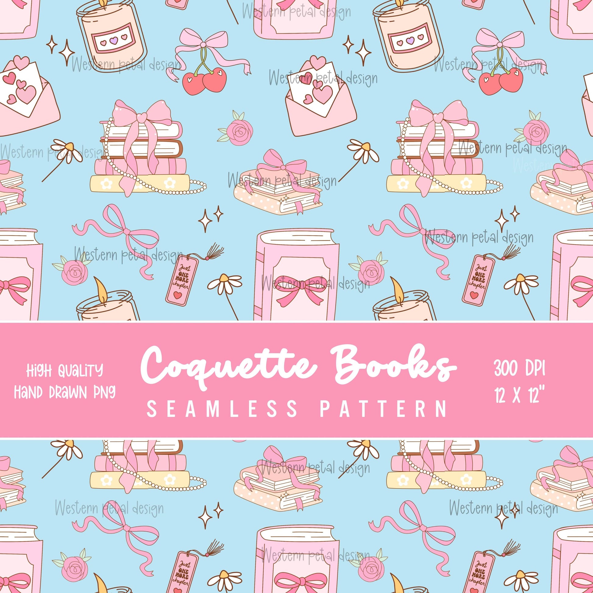 Coquette Book Seamless Pattern | Pink Bows, Florals PNG (Digital Download 12x12 300 DPI File)