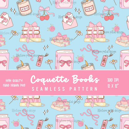 Coquette Book Seamless Pattern | Pink Bows, Florals PNG (Digital Download 12x12 300 DPI File)