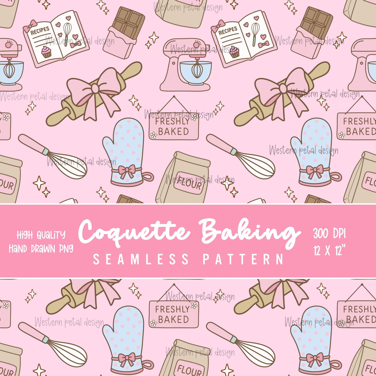 Kawaii Baking Seamless Pattern | Pastel Kitchen Print (12x12 300 DPI PNG)