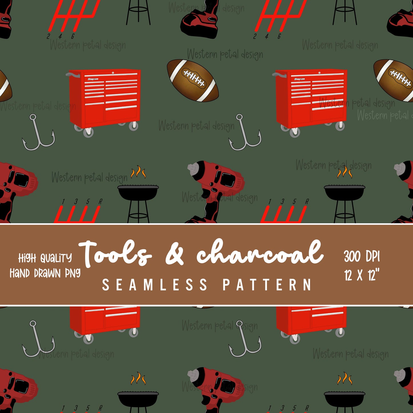 Tools & Charcoal Seamless Pattern | BBQ, Workshop Design (Digital Download)