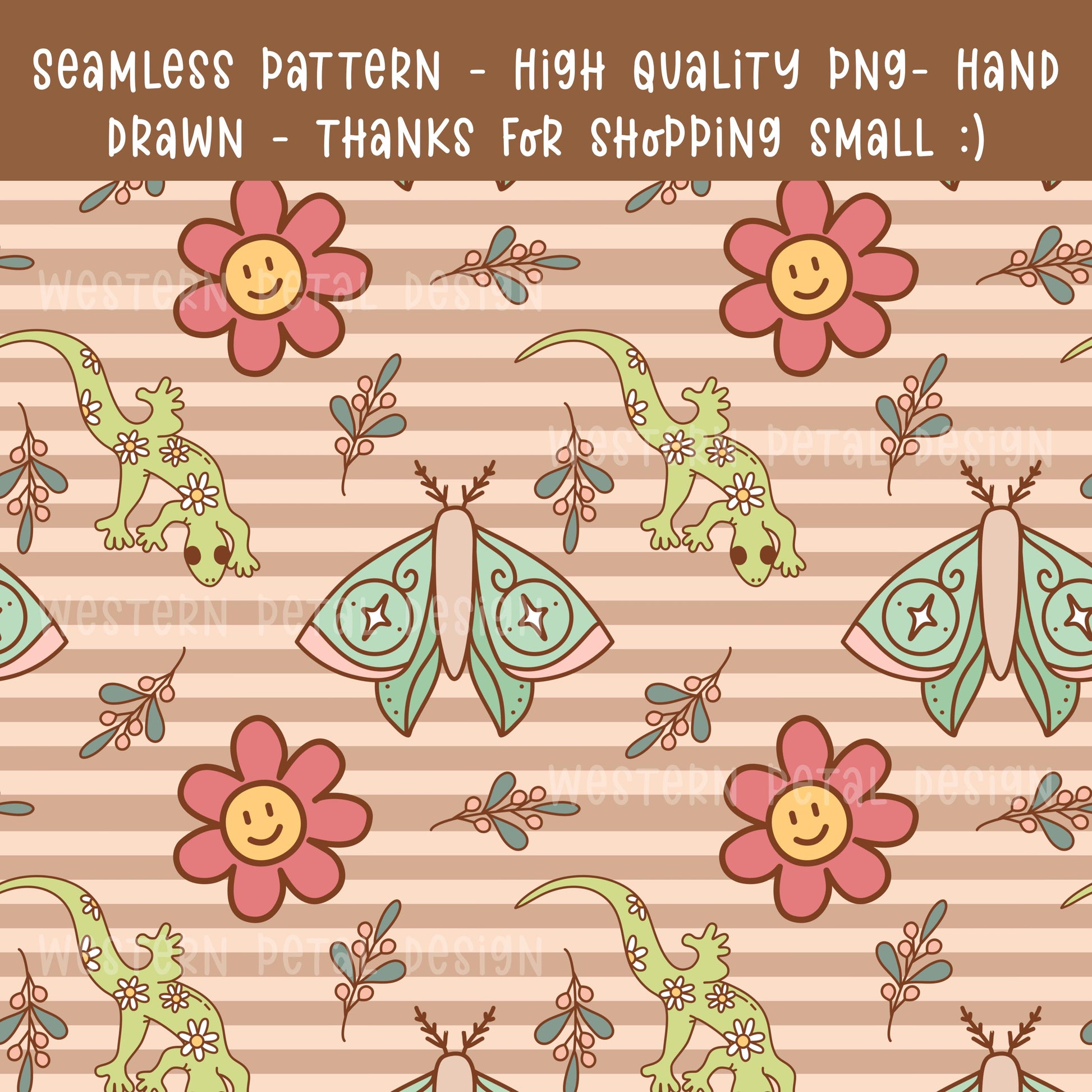 Hippie Lizard Seamless Pattern | Retro Floral Kids Digital Paper (PNG Download)
