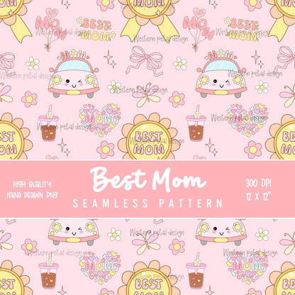 Best Mom Seamless Pattern PNG | Cute Mother’s Day Digital Paper | Kawaii Design | 12x12 300 DPI Seamless File | Commercial Use