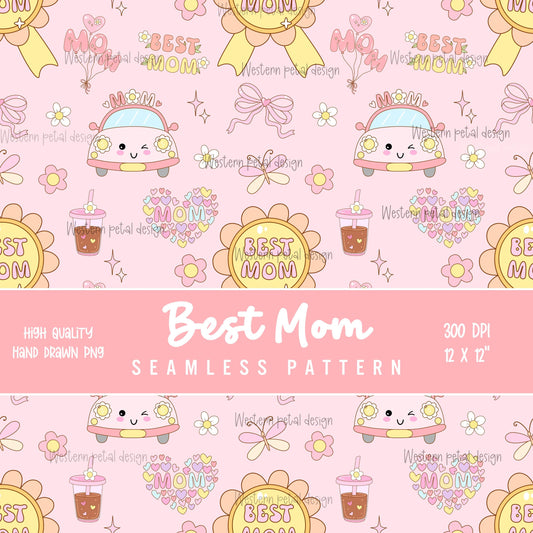 Best Mom Seamless Pattern PNG | Cute Mother’s Day Digital Paper | Kawaii Design | 12x12 300 DPI Seamless File | Commercial Use