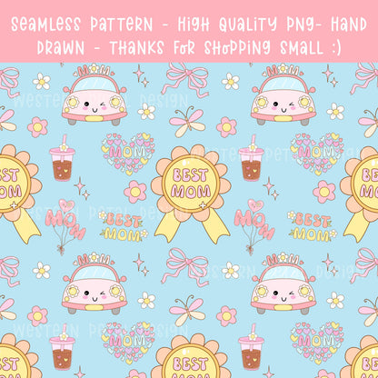Best Mom Seamless Pattern PNG | Cute Mother’s Day Digital Paper | Kawaii Mom Design | 12x12 300 DPI Seamless File | Commercial Use