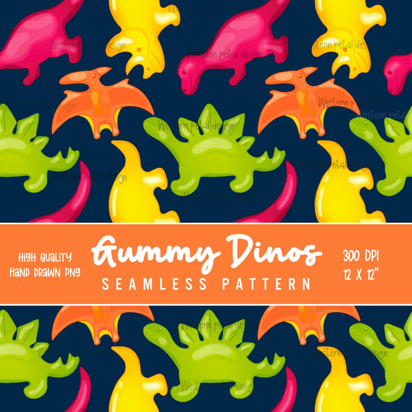 Gummy Dinosaur Seamless Pattern PNG, Cute Candy Dino Digital Paper, Kids Fabric Pattern, Colorful Dino Design, 12x12 Sublimation Download