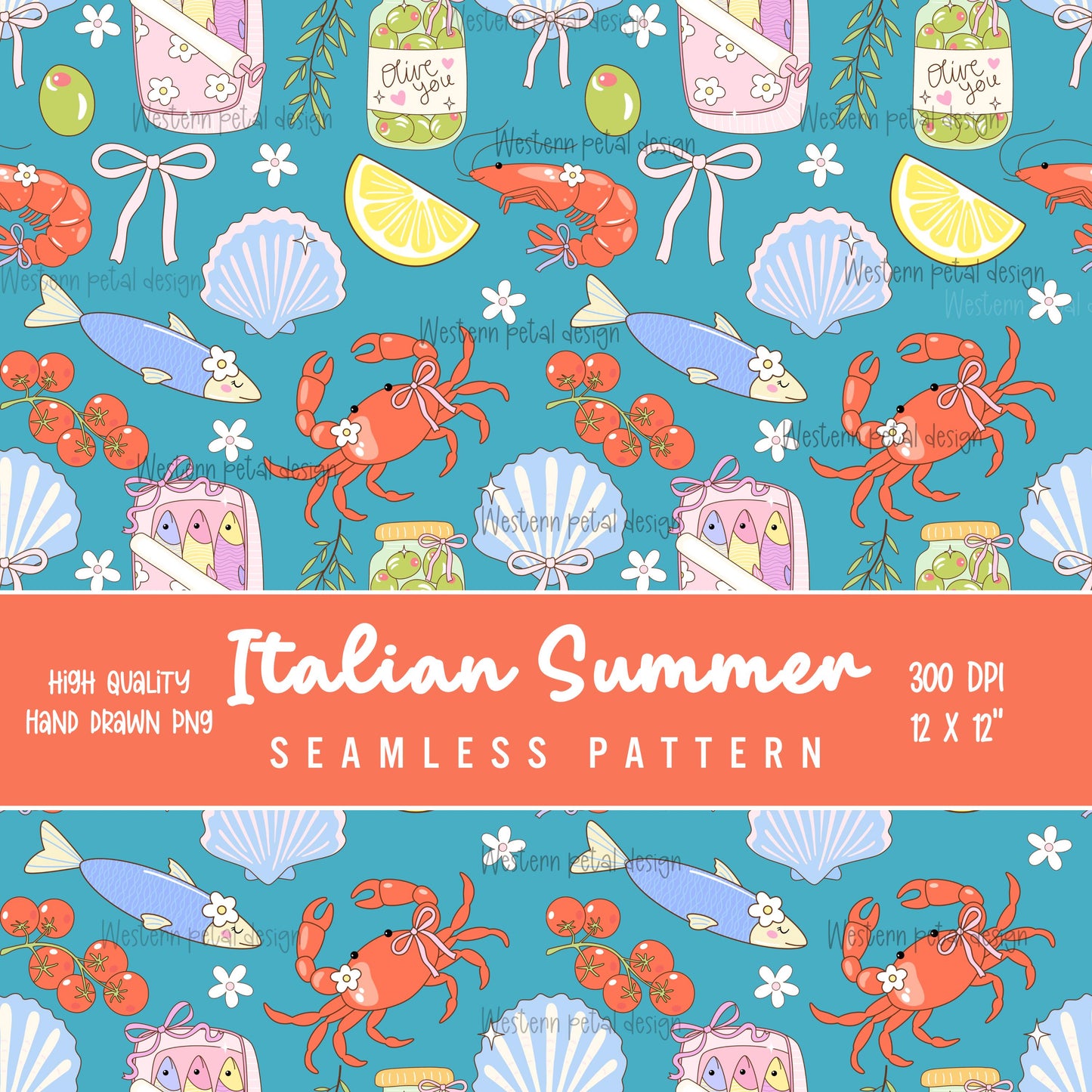 Italian Summer Seamless Pattern PNG, Coastal Food Digital Paper, Lemon Seafood Pattern, Amalfi Coast Dolce Vita Design, 12x12 Sublimation