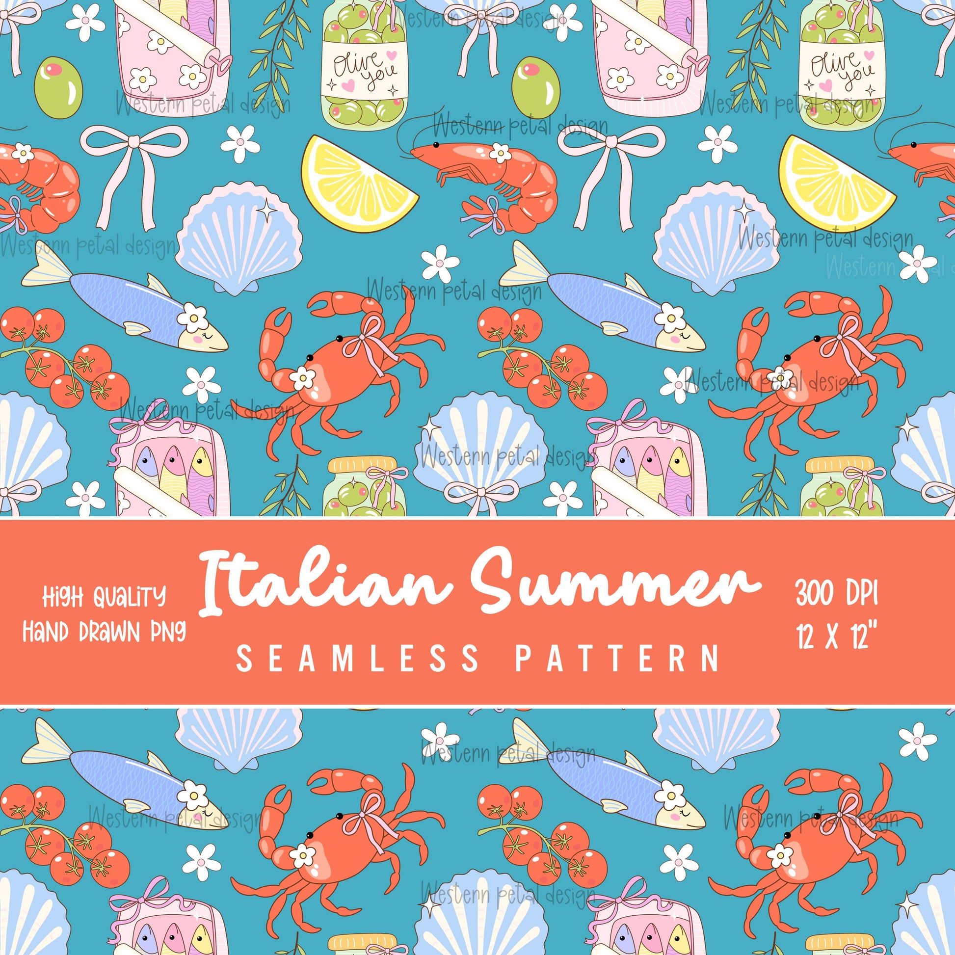 Italian Summer Seamless Pattern PNG, Coastal Food Digital Paper, Lemon Seafood Pattern, Amalfi Coast Dolce Vita Design, 12x12 Sublimation