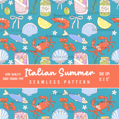 Italian Summer Seamless Pattern PNG, Coastal Food Digital Paper, Lemon Seafood Pattern, Amalfi Coast Dolce Vita Design, 12x12 Sublimation